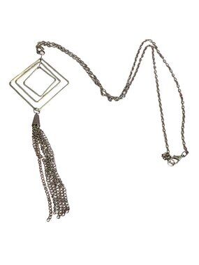 Geometric Silver Tone Pendant Necklace Open Square Tassel Lobster Clasp 28"